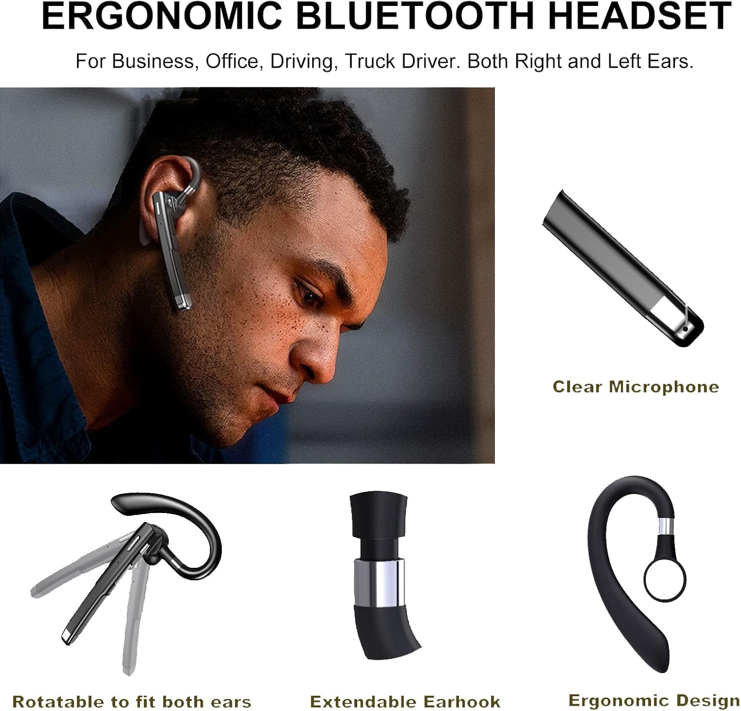 Truck Driver Bluetooth Headset for Cell Phones Wireless Earbuds with Earhooks Dual Microphone Single Earbud in Ear Hands Free Earpiece HD Phone Call Driving Business Meeting Office Android iOS