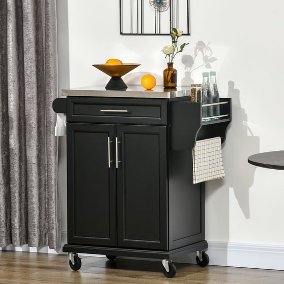 HOMCOM Rolling Kitchen Island Utility Trolley, Storage Cart on Wheels With Drawer, Spice Rack, Black