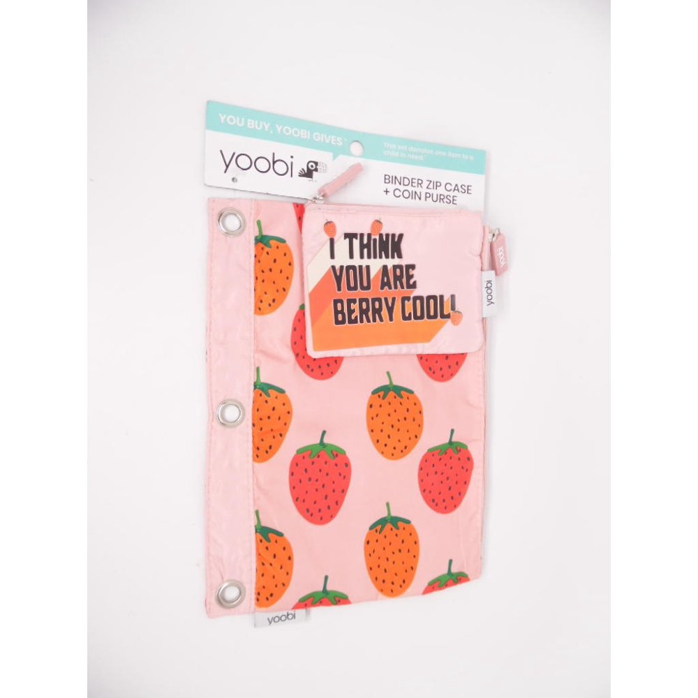 Yoobi Canvas Binder Zip Case + Mini Coin Pouch Strawberries Berry