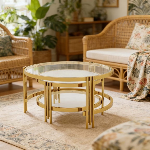 2-Piece Tempered Textured Glass Round Coffee Table Set, Gold Finish for Living Room, 32.75" Stylish & Sturdy