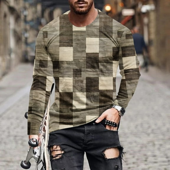 Big & Tall T Shirts for Men S-5XL Plus Size Long Sleeve Crewneck Tshirts Shirt Casual Pullover Slim Vintage Plaid Printed Basic Tees Tops