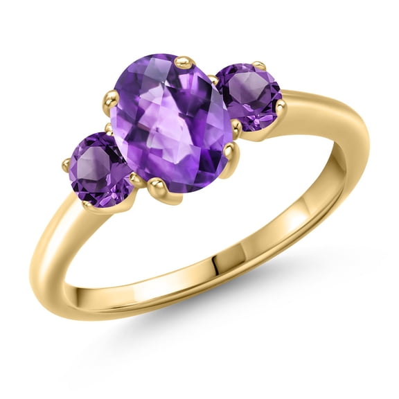 Gem Stone King 1.70 Ct Oval Checkerboard Purple Amethyst 18K Yellow Gold Plated Silver Ring