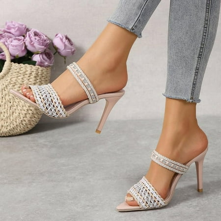 

HAOTAGS Women s Rhinestone High Heel Slim Sandals Peep Toe Women Dressy Slip On Wedding Party Heel Sandals