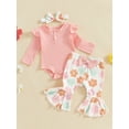 thumbnail image 3 of Suealasg 3Pcs Baby Girl Fall Outfits Set Long Sleeve Ribbed Romper + Floral Print Flare Pants + Headband Set 3 6 12 18 Months Infant Girl Spring Clothes, 3 of 7
