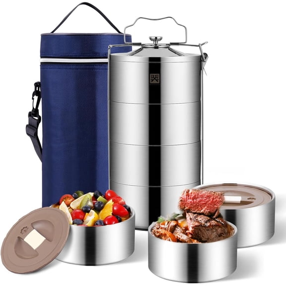 80oz Stainless Steel Stackbale Lunch Box for Adult, 4-Tier Food Container, Leak-Proof & Stackable Large Capacity Metal Bento Box with Lunch Bag, (80OZ, Silver)