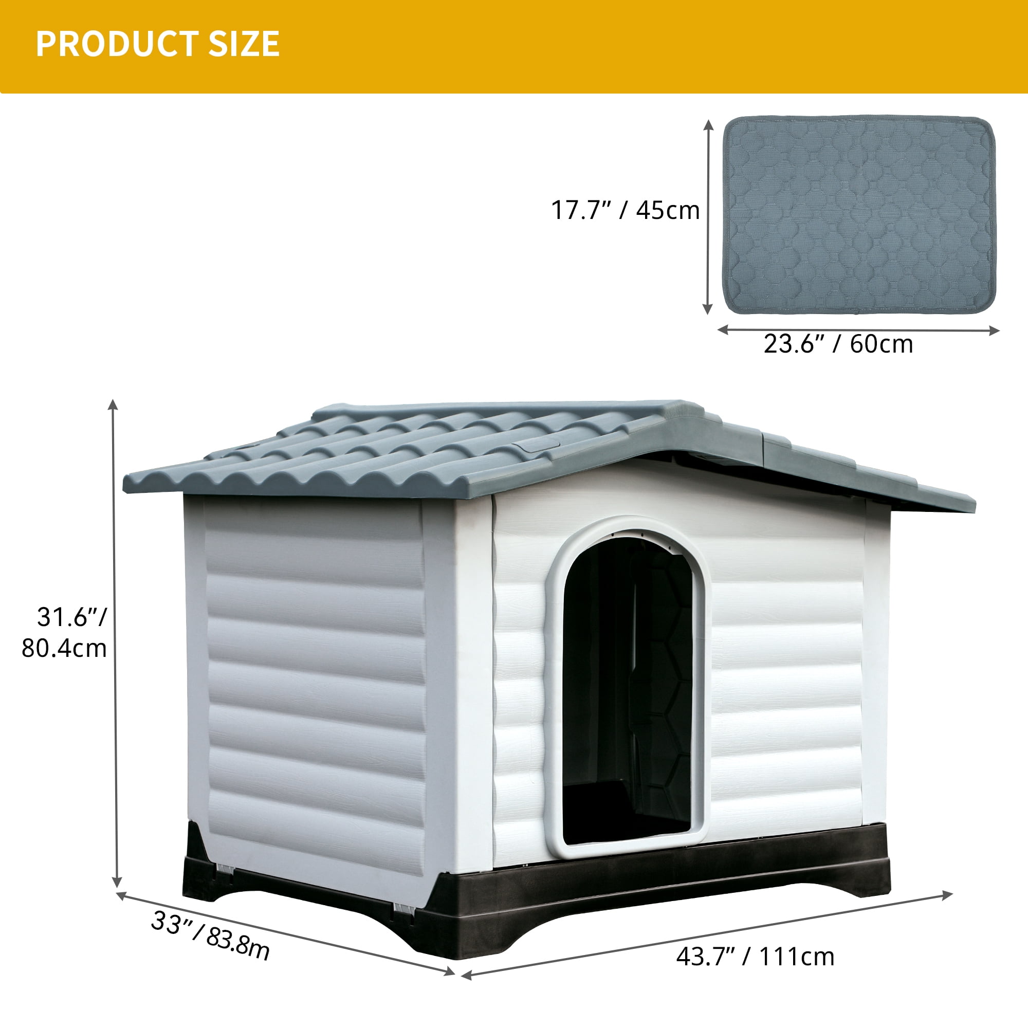 Dextrus Outdoor Large Plastic Dog house with Elevated Base, Water-Resistant 43.7" Large Double Door Dog House with Porch & Cushion Pet House for Small Medium Large Dogs, 43.7''L*33''W*31.6''H