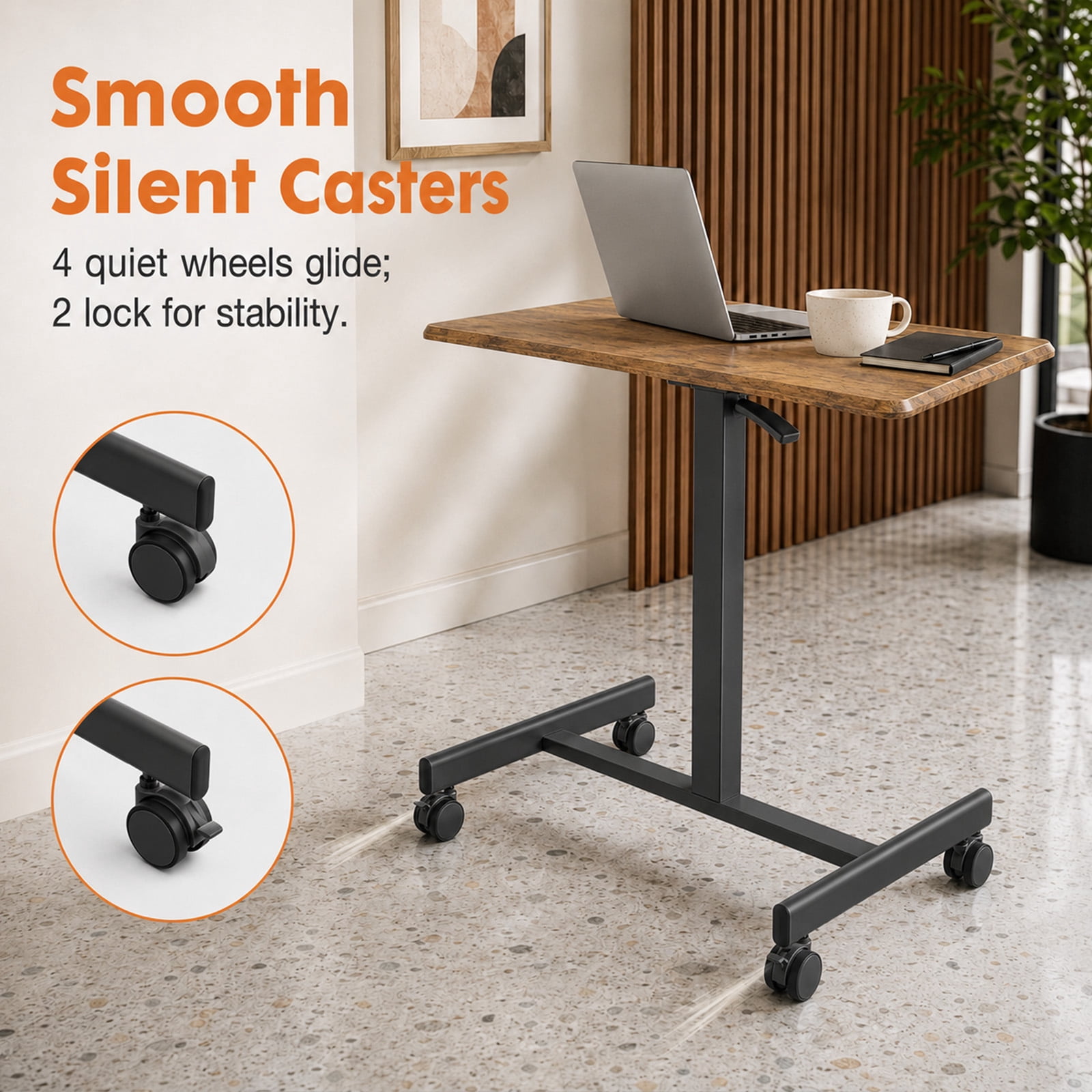 Alvantor Mobile Rolling Desk with Wheels Adjustable Height, Portable Rolling Laptop Desk with 2 Lockable Wheels, Adjustable Height Computer Workstation for Home Office