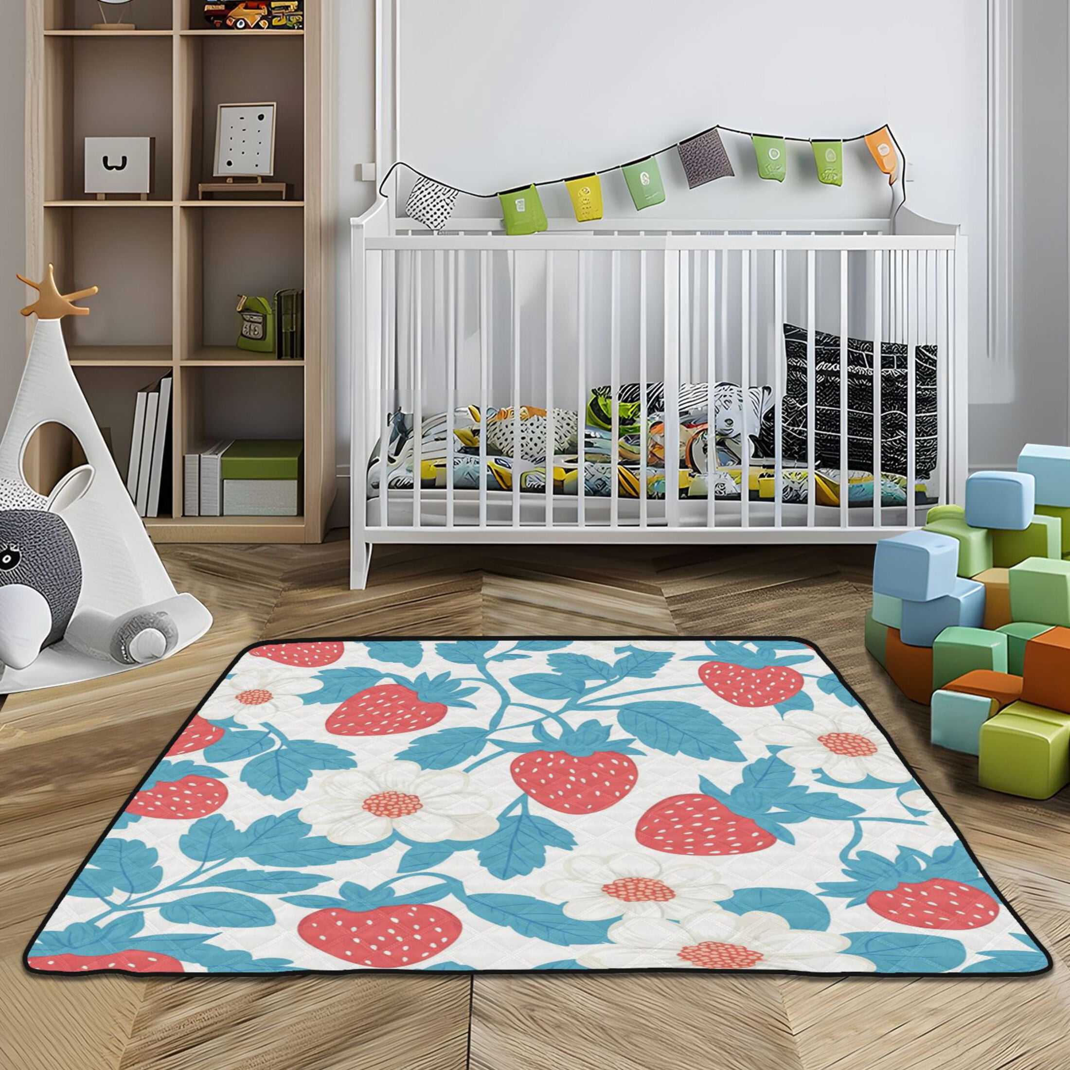 WOBOGO Retro Strawberry and Daisy Pattern Baby Playmats Extra Large Waterproof Rollable Activity Pads for Toddlers 50×50inch