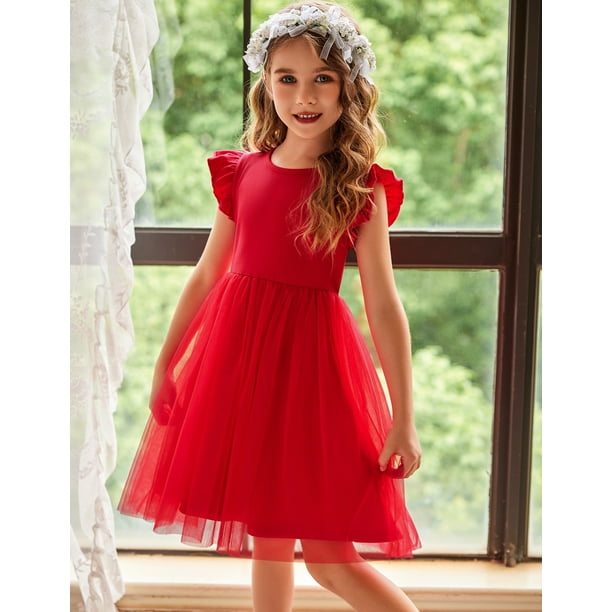 3t red dress Oudiya Toddler Girls Tutu Red Dress Fluffy Ruffle Sleeve Dresses Summer Casual Tulle Party Sundress for Kids 2t-3t, Girl's