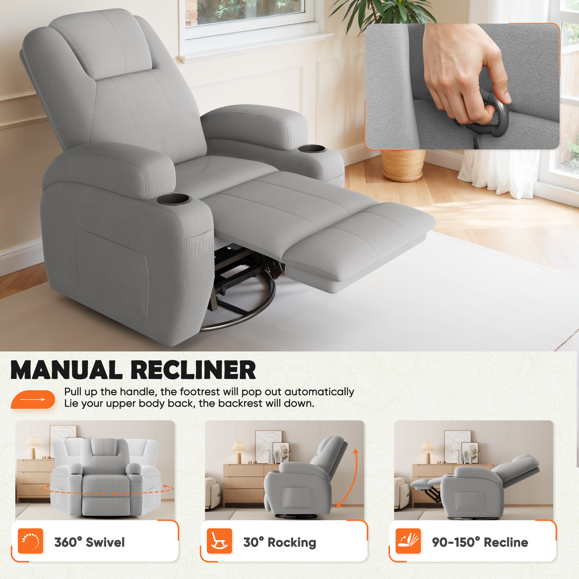Furmax 360° Swivel Rocking Chair Power Massage Recliner With nursing Needs Oversized Furniture For Living Room,Gray