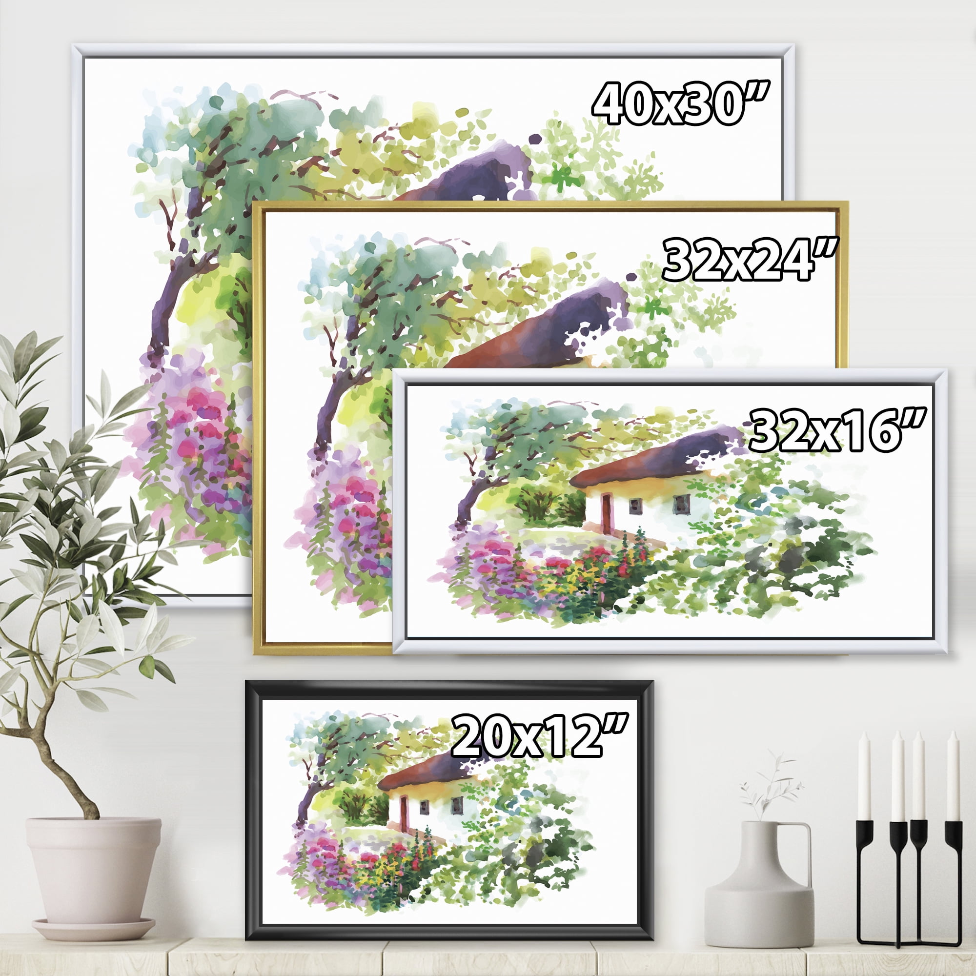 Designart 'Rural Village House On A Green Summer Day' Traditional Framed Canvas Wall Art Print
