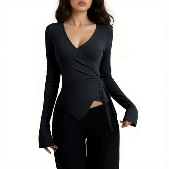 Women Tees Shirts Tops V Neck Drawstring Versatile Long Sleeve Slim Y2k Clothes