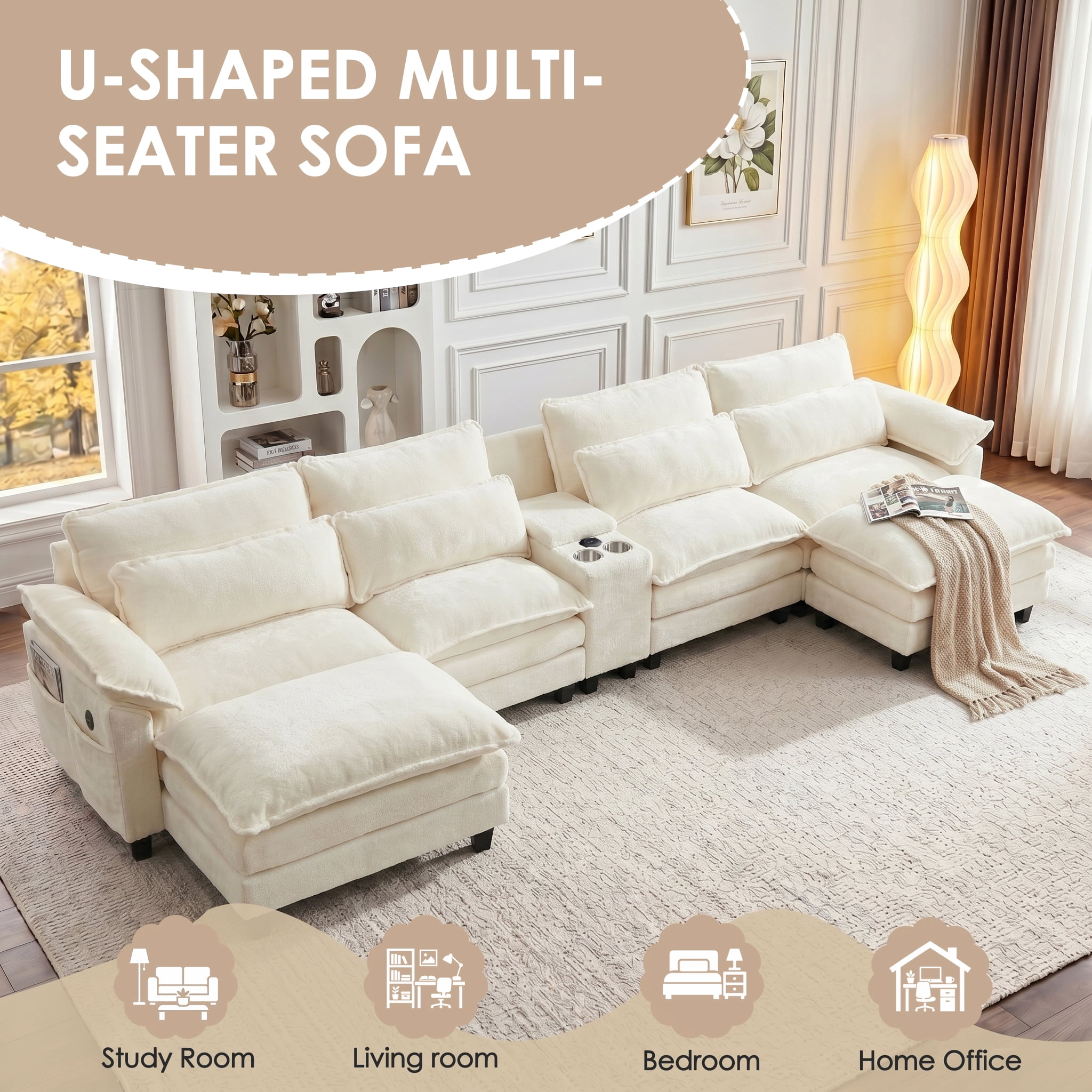 AISWORD 157" U Shaped Cloud Couch Sectional, Oversized Modular Sofa with USB Charging, Hidden Storage, Cup Holders & Double Chaise for Living Room, Beige