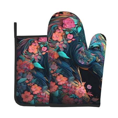 

Zeuib Colorful Floral Patterned Horse Print Oven Mitt & Pot Holder Set 2-Pack Kitchen Gloves and Hot Pads for Cooking BBQ Grilling Baking