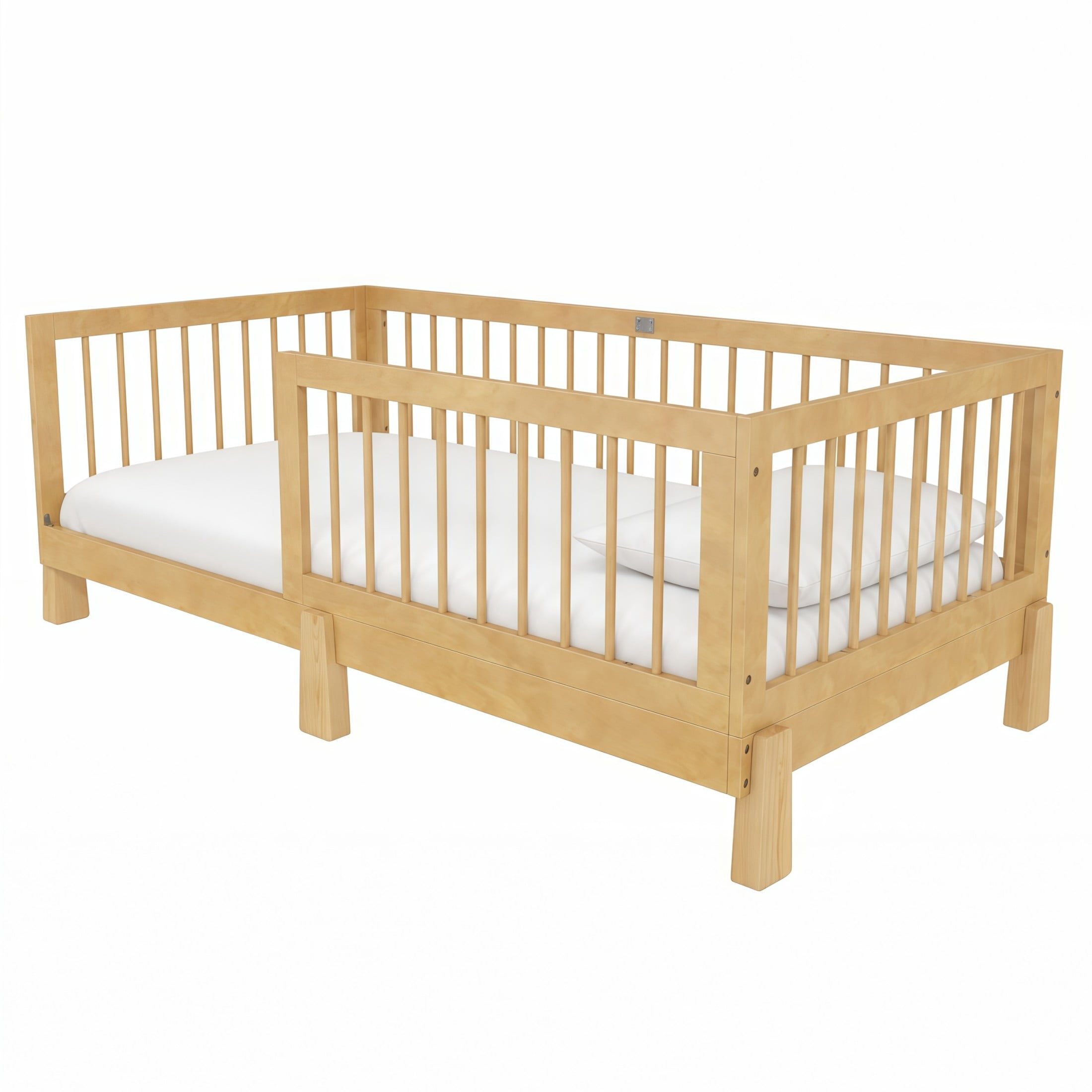 GDF Studio Rolley Twin-Size 3-in-1 Convertible Montessori Floor Bed with Guardrails, Pine Wood Kids Bed Frame, Natural