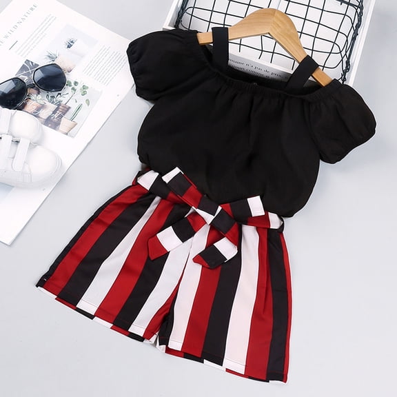 AURIGATE Summer Girl's Suit Suspenders Short-sleeved Striped Shorts Two-piece Suit Clearance