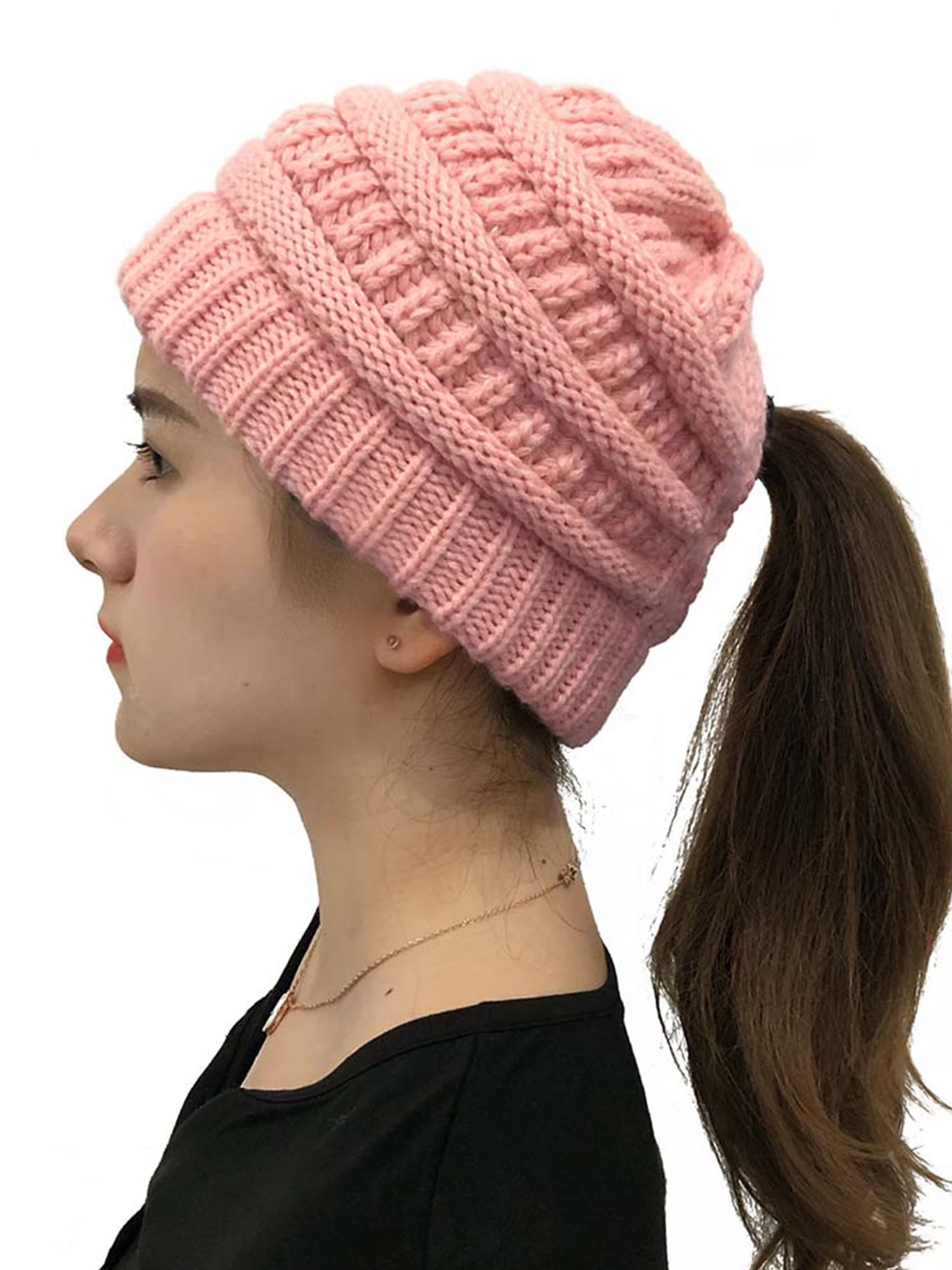 Womens Messy Bun Hat Winter Warmer Ponytail Beanie Stretchy Knitwear Crochet Cap