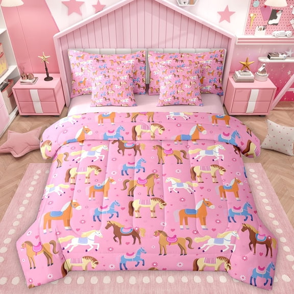 Homewish Animal Horse 7-Piece Twin Bedding Sets For Teens Boys Girls,Chic Flowers Bedding Comforter Set,Western Farmhouse Breathable Sheet Sets,Breathable Home Decor,Reversible