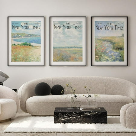 UNFFRAMED The New York Times Wall Art Set Of 3, Coastal Monet Newspaper Posters, Beach Field & Water Lily Poster, Vintage Nyt Decor For Living Room Set 3 Prints 20x30