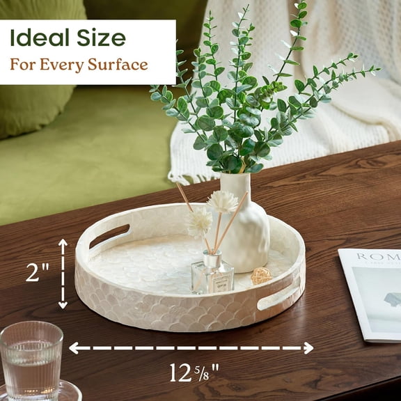 12.6 Inch Capiz Round Decorative Tray, Mother of  Serving Tray with Handles for Coffee Table, Kitchen Counter, Bathroom Vanity or Dining Table Centerpiece Tray, Modern Farmhouse Decor