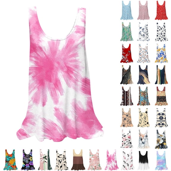 Smsaxvxz Summer Tank Tops for Women Fashion Floral Printed Crew Neck Sleeveless Shirts Casual Loose Blouse Pink S
