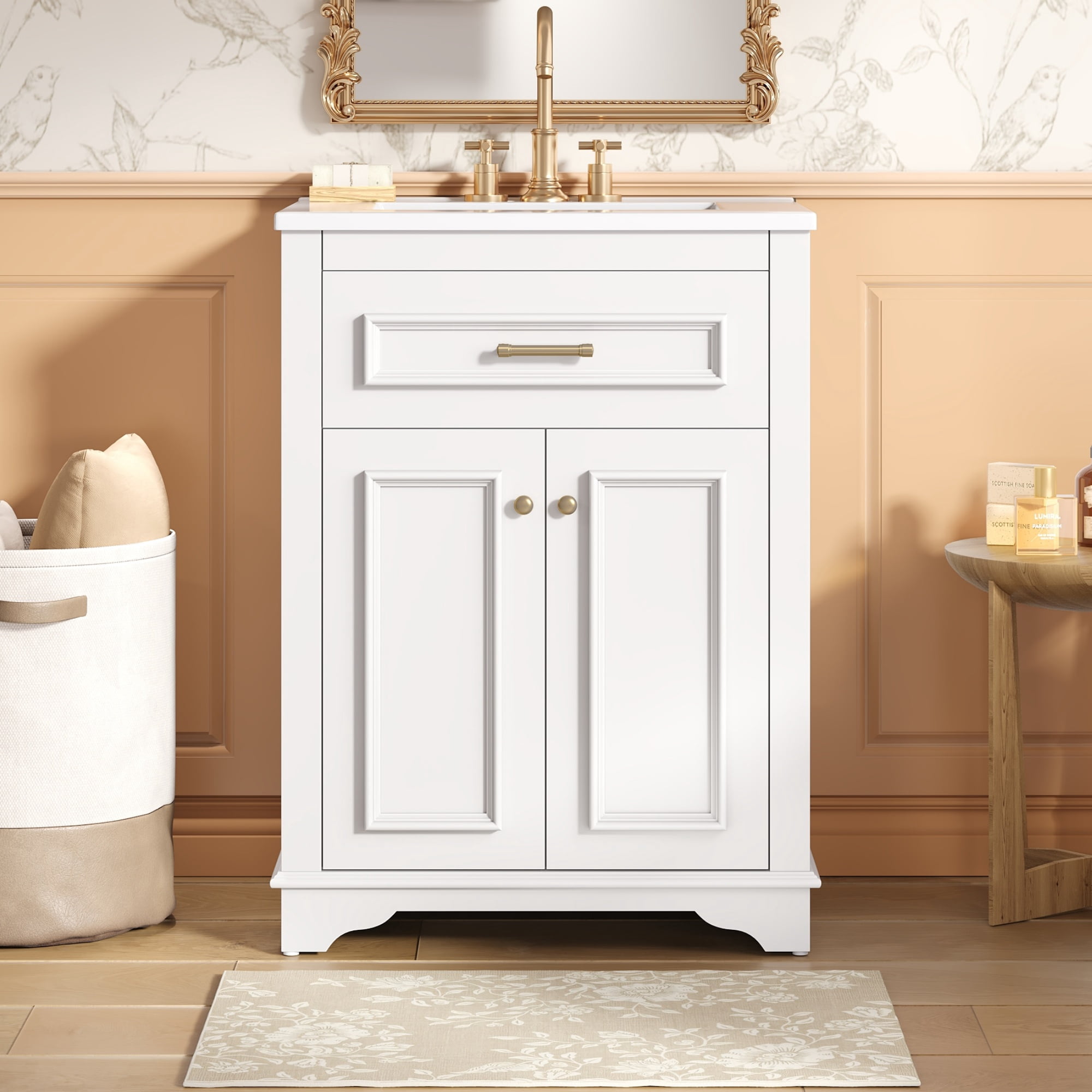 Euroco 24" Bathroom Vanity with Integrated Ceramic Sink, Bathroom Cabinet with 2 Doors, 1 Tip-Out Drawer, Single Sink Bathroom Vanity for Small and Medium Restroom, White
