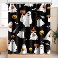 thumbnail image 3 of Cortina de ducha de tela con forma de fantasma de Halloween, con dibujos animados divertidos y espeluznantes, calaveras, para niños en blanco y negro, para fiestas navideñas, con ganchos, 3 of 5