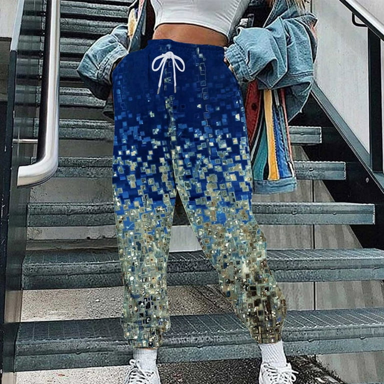 RQYYD Womens Sweatpants Drawstring Bottom Floral High Waist Sporty Gym  Baggy Jogger Pants Lounge Trousers with Pockets Blue M
