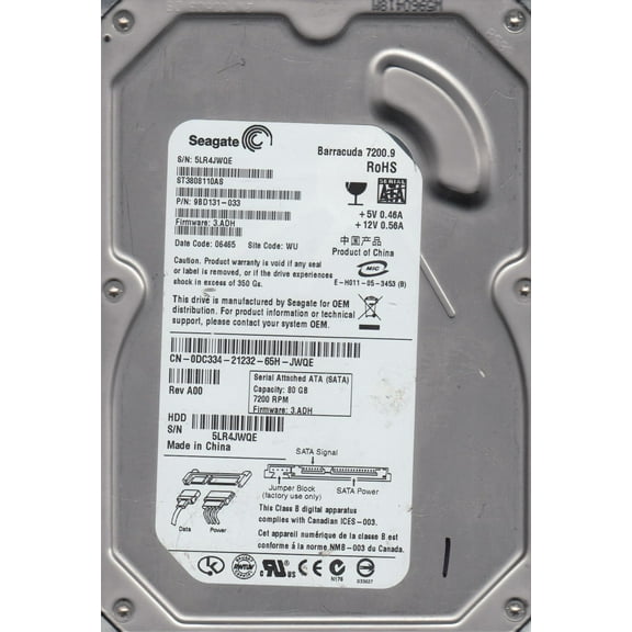 ST3808110AS, 5LR, WU, PN 9BD131-033, FW 3.ADH, Seagate 80GB SATA 3.5 Hard Drive