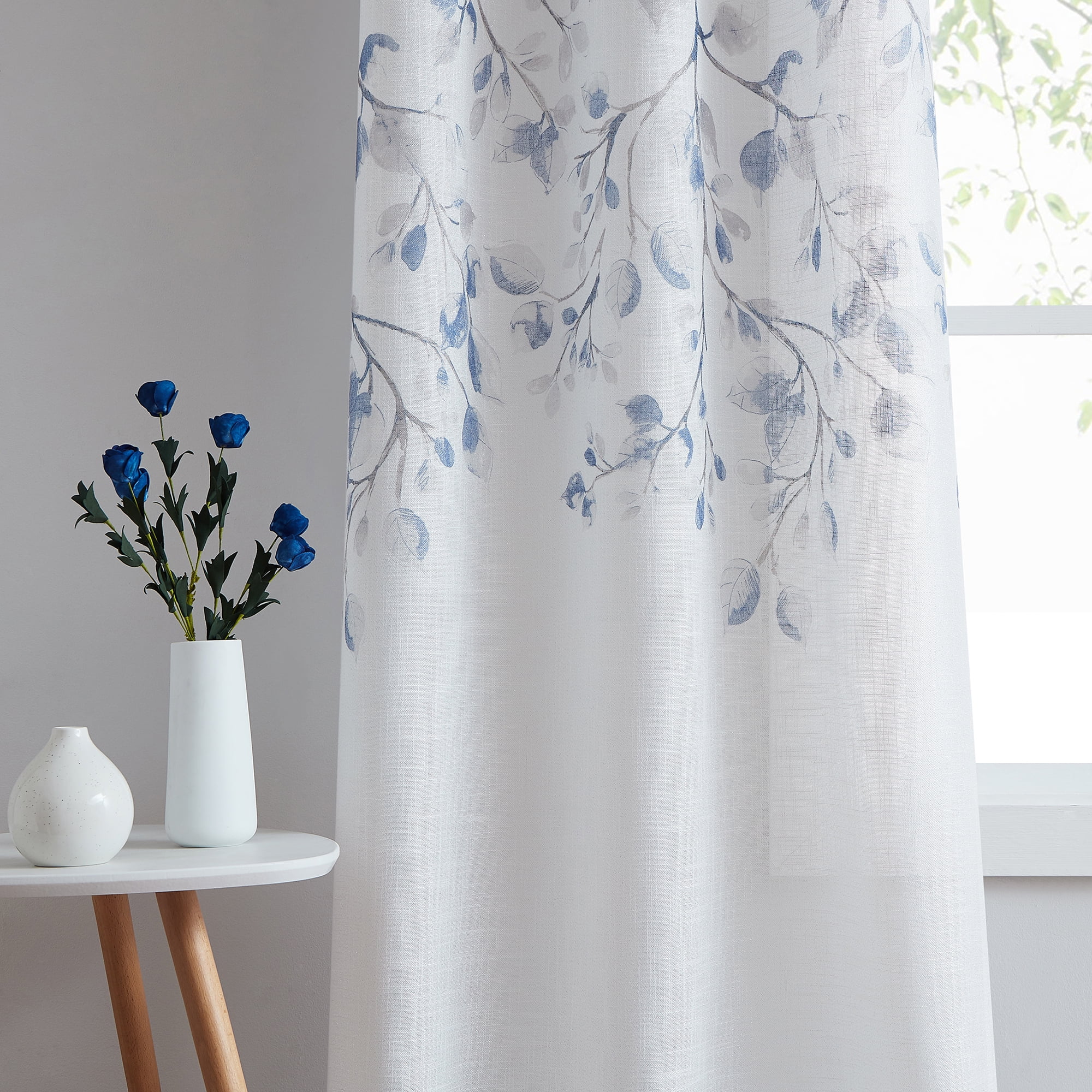 Uptown Home Navy Blue Leaf Floral Metallic Sheer Grommet Top Curtains, 40"x95", 2 Panels