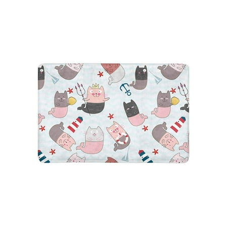 MKHERT Cute Cartoon Cat Mermaid and Sea Beach Items on Stripes Doormat Rug Home Decor Floor Mat Bath Mat 23.6x15.7 inch