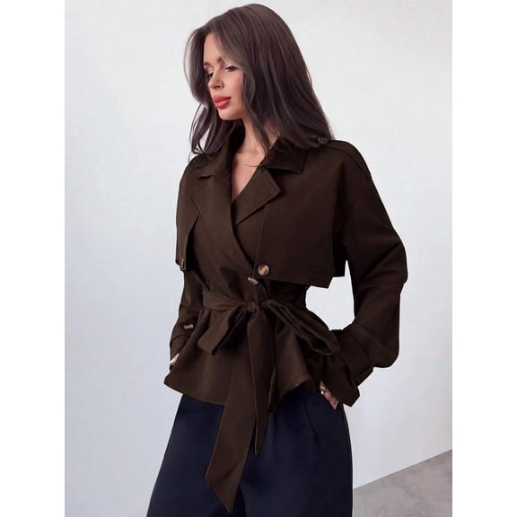 Women's Wrap Coat with Belt Lapel Collar Cropped Short Jacket for Commute and Office Wear