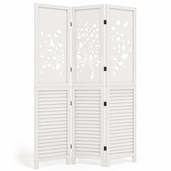 Costway 67" Folding Room Divider, 3 Panel Wooden Privacy Screen with Tree & Leaves Cutout White