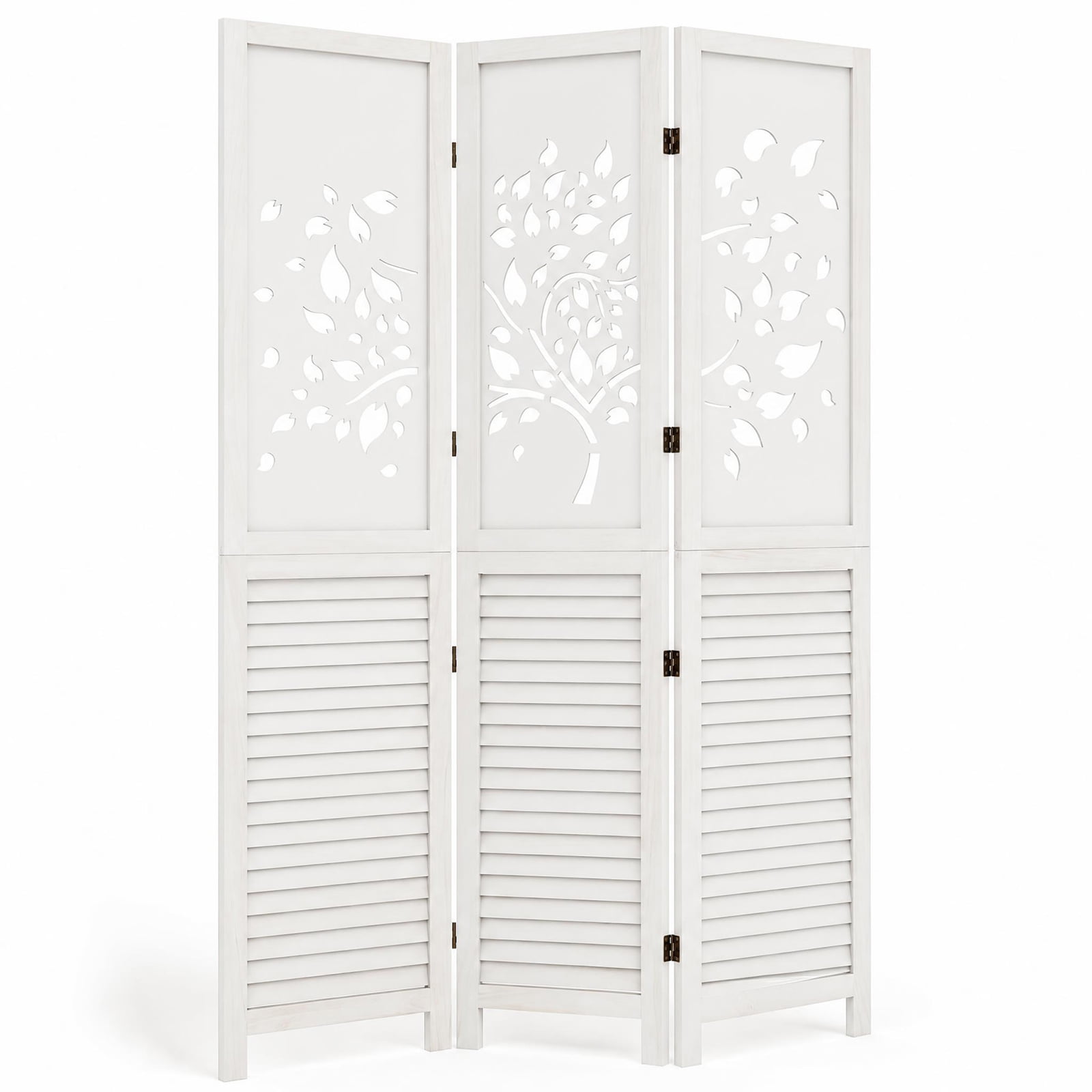 Costway 67" Folding Room Divider, 3 Panel Wooden Privacy Screen with Tree & Leaves Cutout White