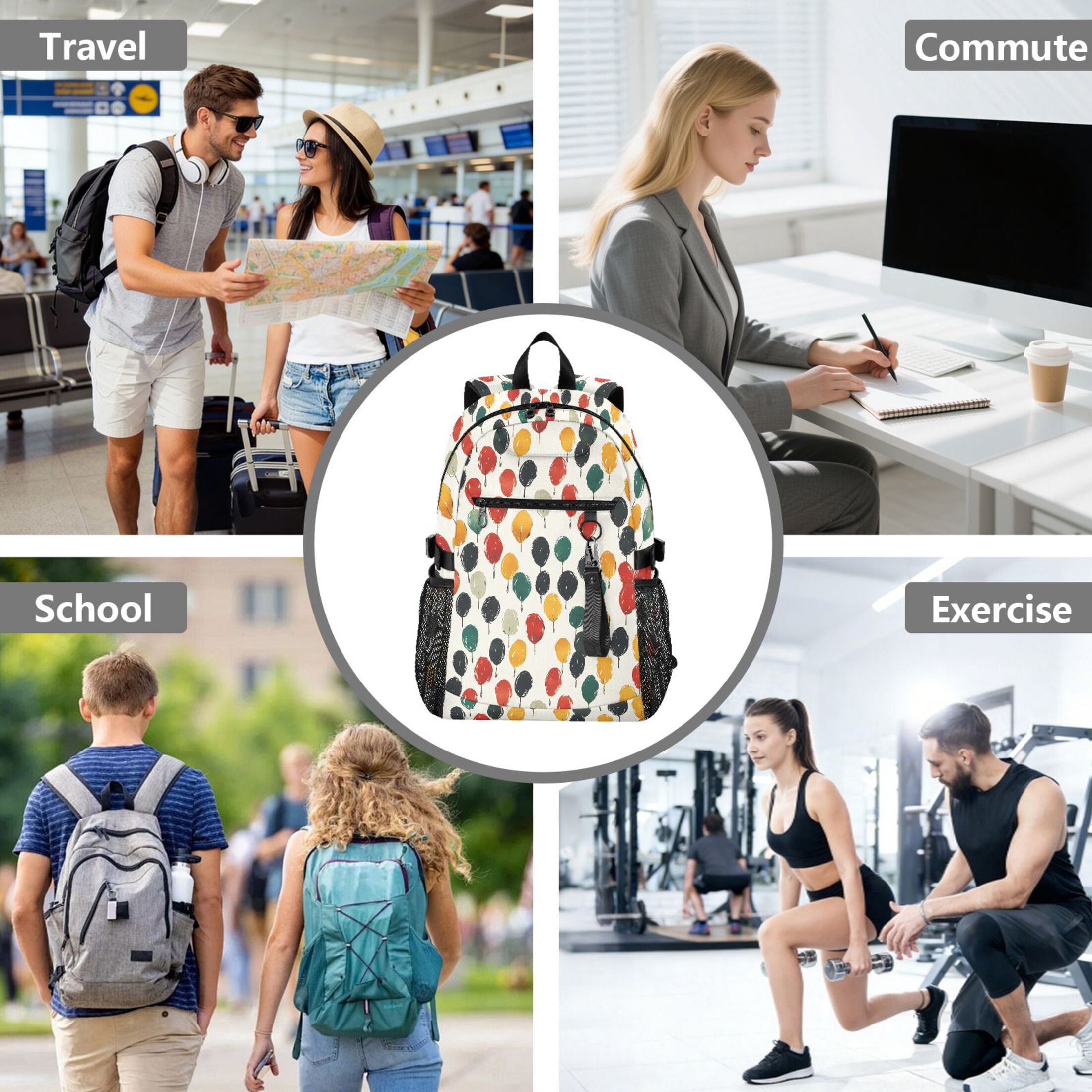 JIALIOU 14" Laptop Backpack Waterproof Airline Approved Stylish Casual Daypack for Travel Business College Work, Colorful Hand Drawn Balloon