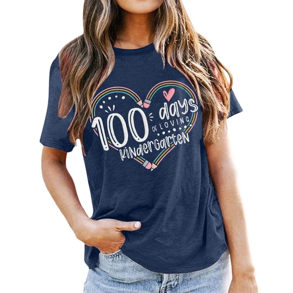 DHFJKG 100 Days Of School Shirt For Women Short Sleeve T Shirts Happy 100 Days Of School Teacher Graphic Crewneck Tee Comfortable Tops