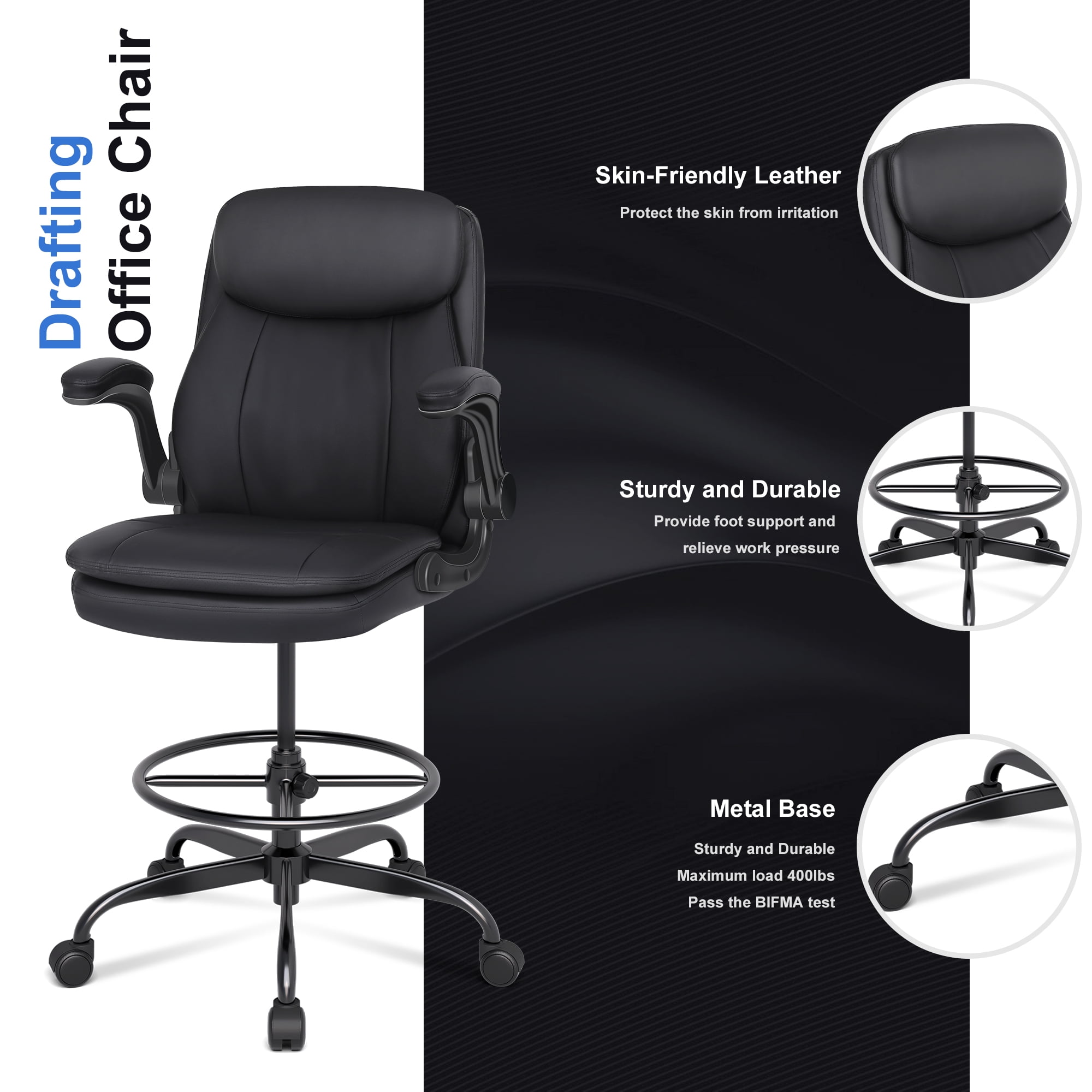 Misolant Tall Office Chair, Drafting Chair for Standing Desk, Executive Chair with Adjustable Height and Flip-up Armrest, Leather Drafting Chair, High Office Chair for Counter Height Desk