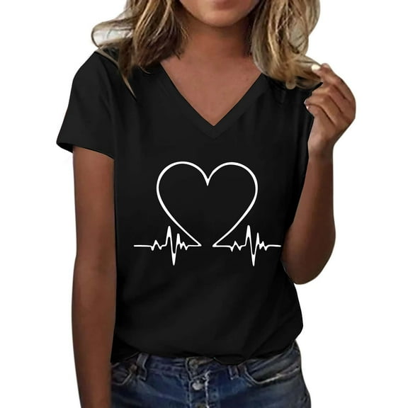 MESSIYO Shirts for Women Graphic Tees for Women womens v neck t shirts trendy womens tops women blouses Women's Fashionable Casual V Neck Love Printed Top Short Sleeved T Shirt Black L