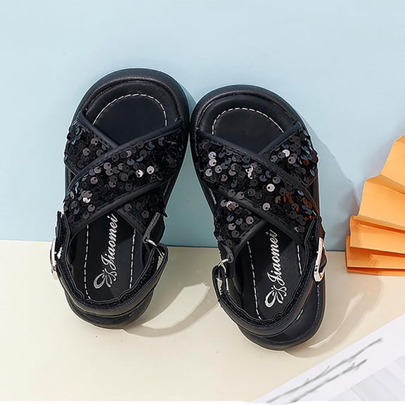 BRGZLK Girls Open Toe Sandal Casual Fashion Princess Shoes Comfort Soft Sole Summer Lightweight Breathable Sequin Platform Beach Sandals Black 11-12 Years