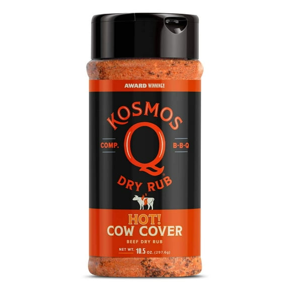 Kosmos Q Cow Cover HOT MDA05 BBQ Rub, Savory & Seasoning with Chili Pepper, Garlic, Onion, Paprika & Hickory Smoke, Steak Rub and Dry Rub for Brisket, Burgers, Ribs & More, 10.5 Oz Shaker Bottle