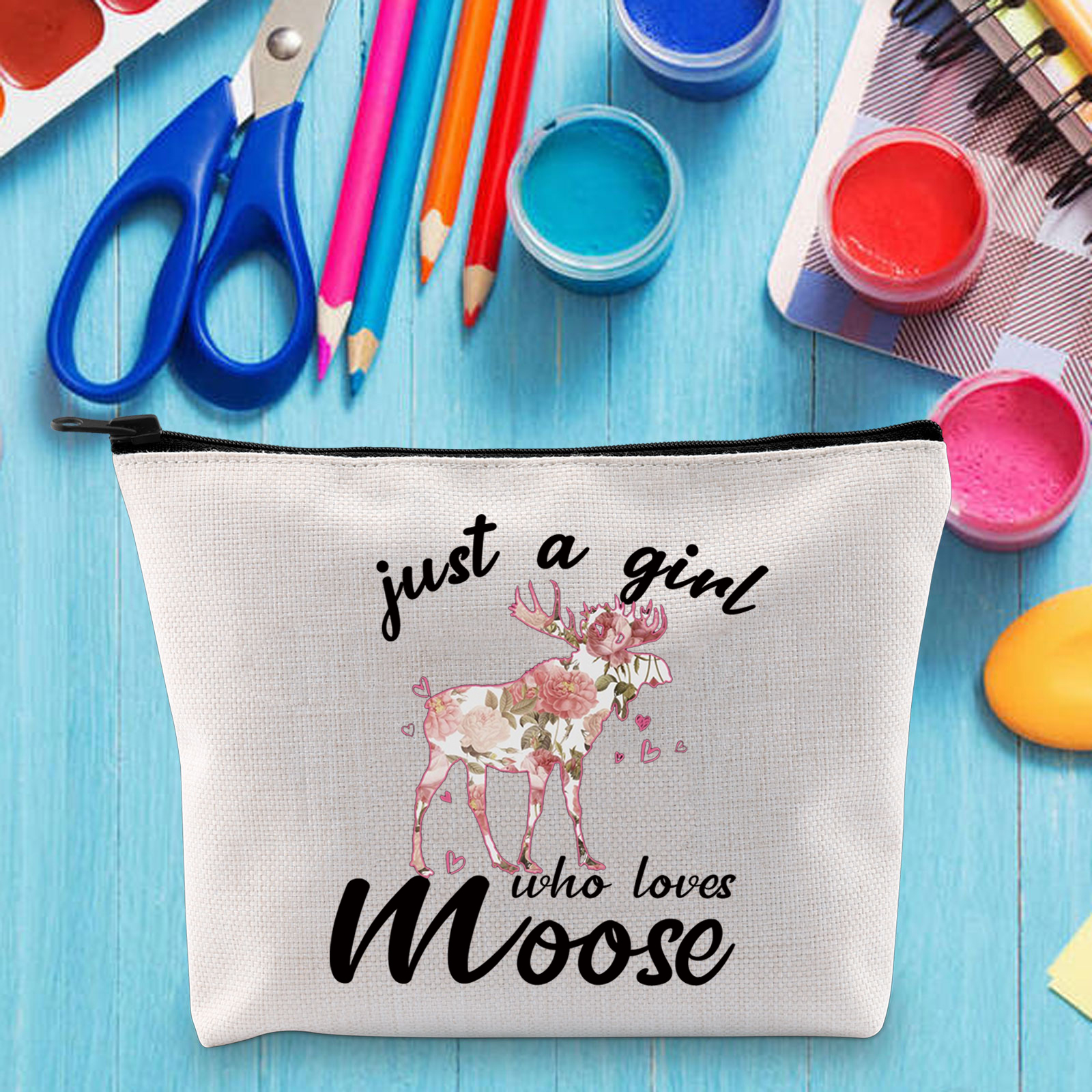 LEVLO Kosmetiktasche „Just A Girl Who Loves Elch“ – 23x17 Cm, Baumwoll-Leinen, Mit Reißverschluss