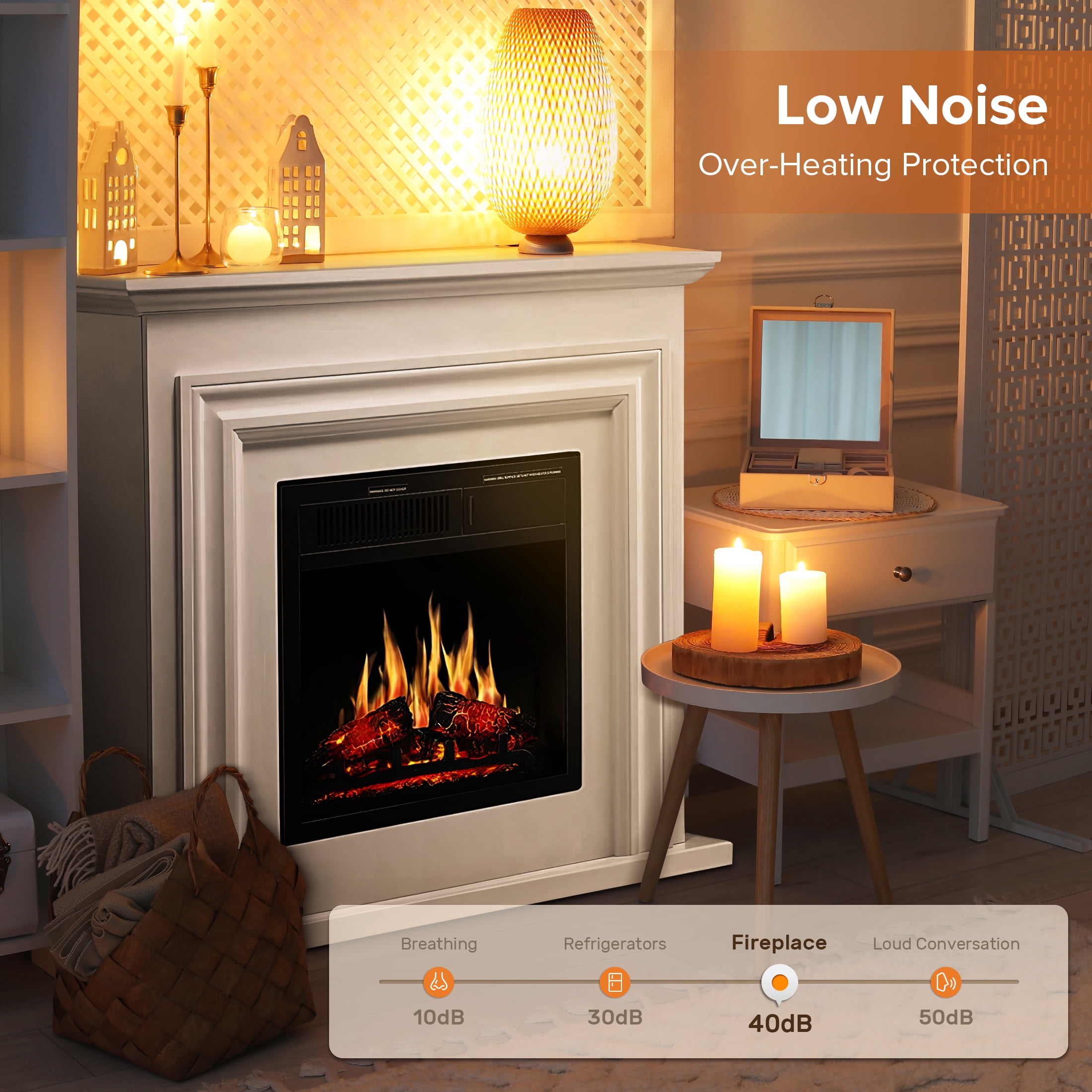 KISSAIR Electric Fireplace Mantel Wooden Surround Firebox, Free Standing Fireplace, with Remote Control, Adjustable LED Flame, 750W/1500W -Pearl White