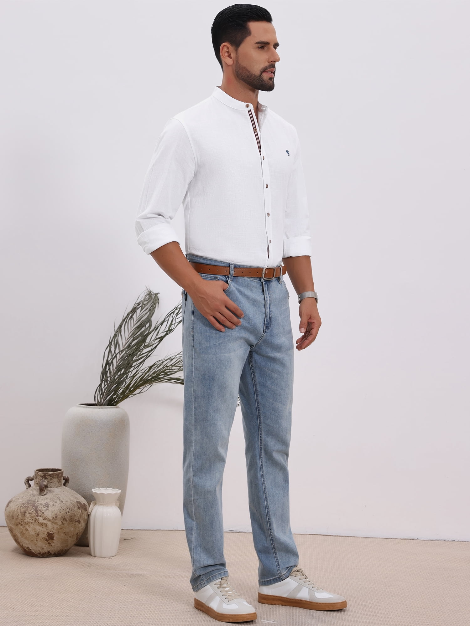 DARING DIVA Men's Stand Collar Long Sleeves Button Down Linen Shirts XL White