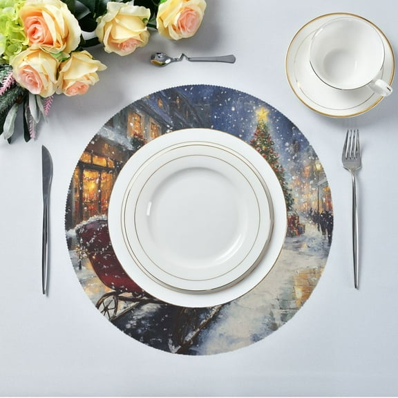 15.4" Round Placemat Set of 1 Polyester Fabric Place Mats Non-Slip Dining Kitchen Table Mats for Kitchen Party Decor Christmas Street Scene