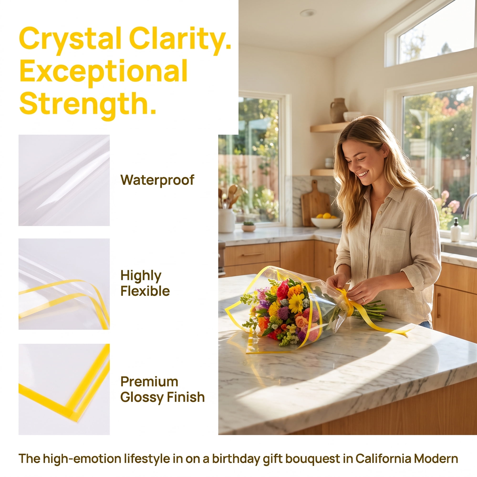 Unique Bargains Premium Waterproof Clear Gift Wrapping Paper for Gifts Yellow 22"x 22"