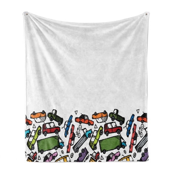 Cars Soft Flannel Fleece Throw Blanket, Group of Hand Drawn Toy Cars Clustered Colorful Pattern Children Friendly Design, Cozy Plush for Indoor and Outdoor Use, 50" x 70", Multicolor, by Ambesonne