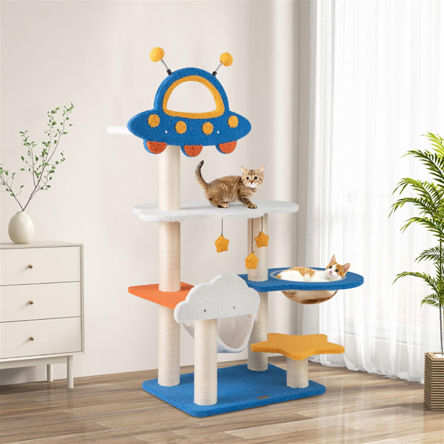Kadyn Cat Tree with Toy, Cat Tower Condo for Indoor Cats with UFO Top Perch Space Capsule, Cozy Hammock and Sisal Scratching Posts, Blue