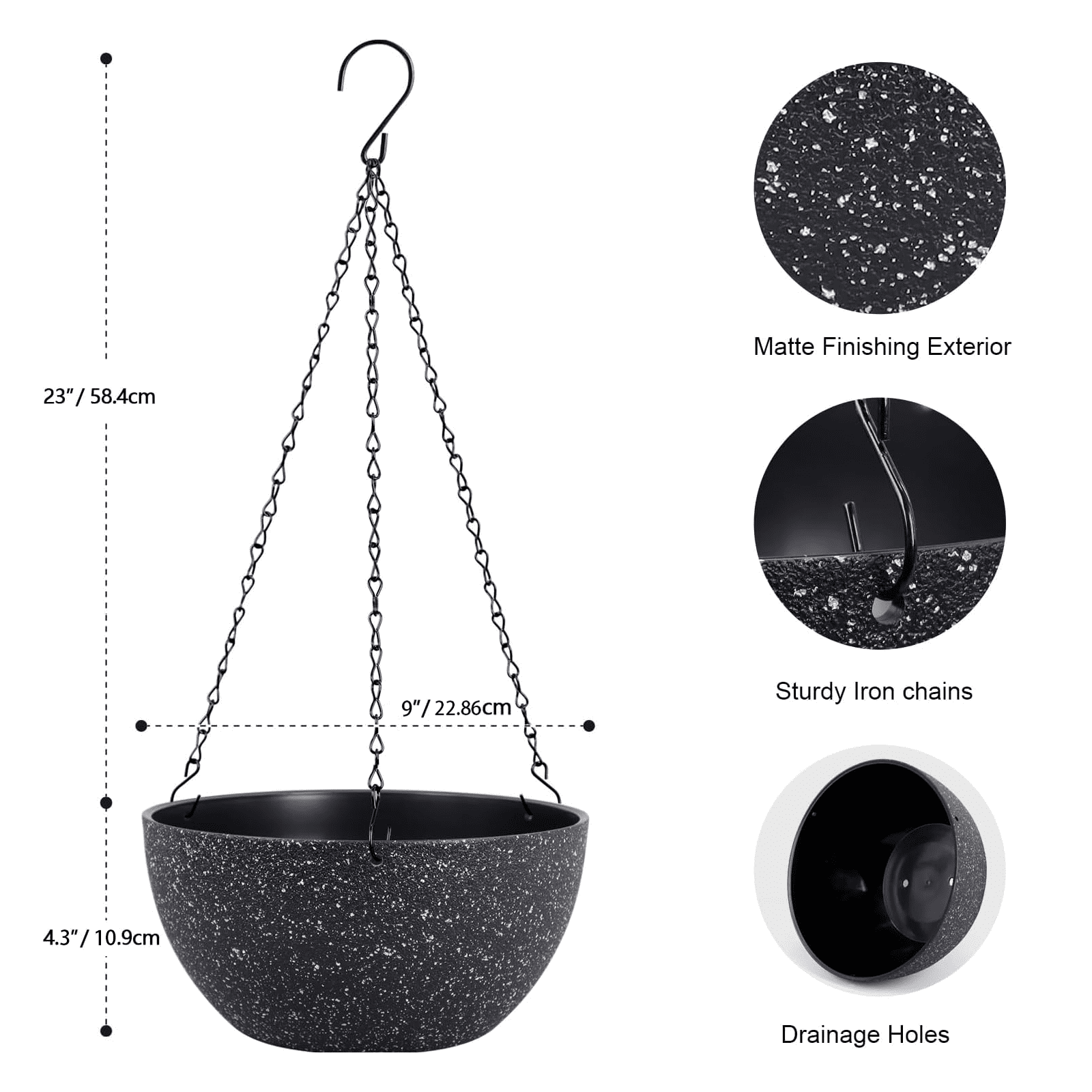 3 Pack Hanging Planters for Indoor Outdoor Plants, LAIJAUR 9 Inch Flower Pots with Drainage Holes and Chains, Plastic Hanging Baskets with S-Hooks for Home and Garden Decor, Black