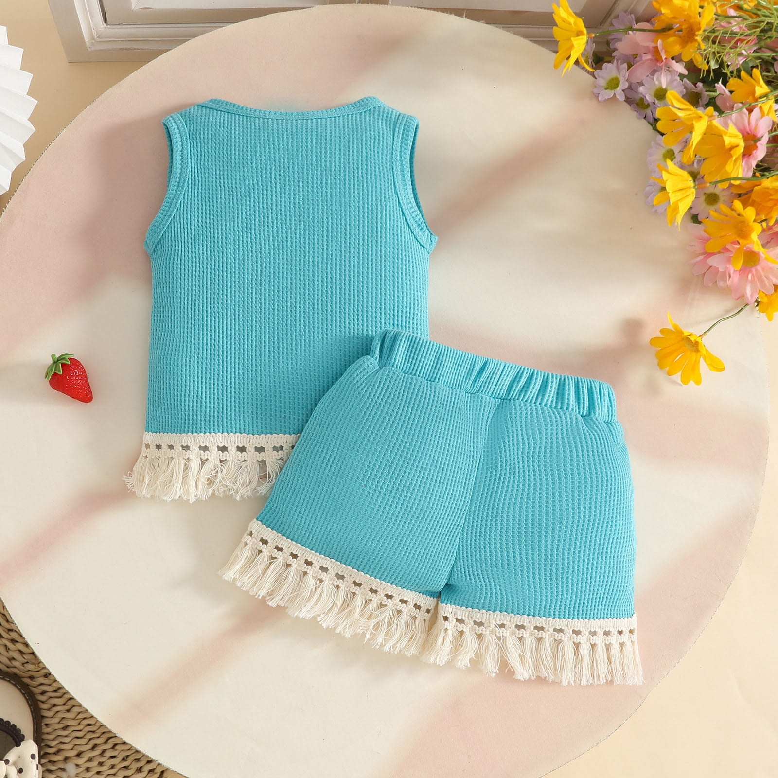 Faraee 0-3 Years Toddler Baby Girl Summer Clothes Ribbed Waffle 2 Piece Outfits Tassel Hem Tank Tops Drawstring Shorts Clothing Set Blue