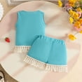 thumbnail image 3 of Faraee 0-3 Years Toddler Baby Girl Summer Clothes Ribbed Waffle 2 Piece Outfits Tassel Hem Tank Tops Drawstring Shorts Clothing Set Blue, 3 of 8